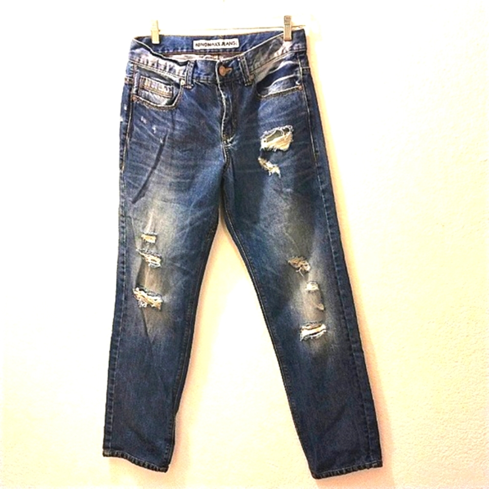 NinoMaxx Jeans Wide Straight Leg Sz 30 DARK BLUE Denim Distress Ripped Thrashed